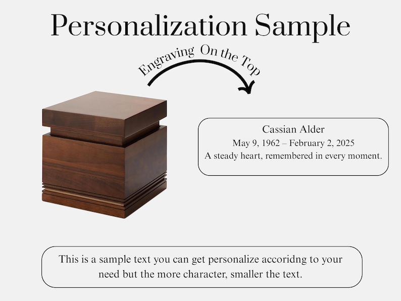 May include: A wooden box with a dark brown finish, featuring a layered design. The text "Personalization Sample" is at the top. The text "Engraving On the Top" is above the box. The box has a sample inscription with a name and dates.