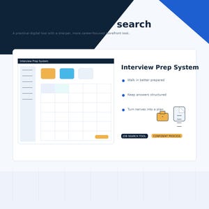 May include: A digital interface titled Interview Prep System featuring a grid layout, a sidebar, and color-coded buttons. Text includes Walk in better prepared, Keep answers structured, Turn nerves into a plan, JOB SEARCH TOOL, and CONFIDENT PROCESS.