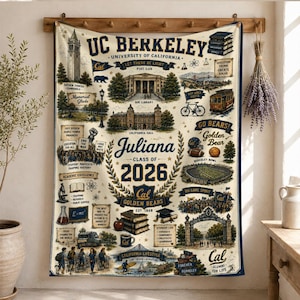 May include: A cream-colored throw blanket featuring a detailed collage of UC Berkeley campus landmarks, icons, and text. The design includes the text Juliana Class of 2026, Golden Bears, and various illustrations of buildings, sports, and academic symbols.
