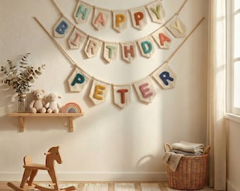 Banner de aniversário personalizado | Decoração de quarto de bebê em tons pastel de arco-íris