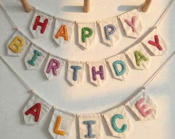 Custom Embroidered Happy Birthday Banner | Reusable Linen Garland