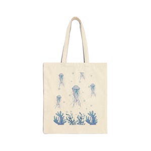 Vom Meer inspirierter Baumwollsegeltuch-Einkaufstasche, stilvolle umweltfreundliche Tasche für Strandausflüge, Quallenkunst, nachhaltiges Geschenk, wiederverwendbare Einkaufstasche