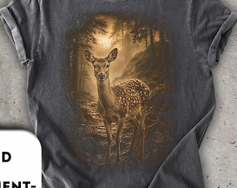 Comfort Colors 1717 Woodland Deer Graphic Tee, Moody Forest Wildlife, Retro Wilderkind Shirt