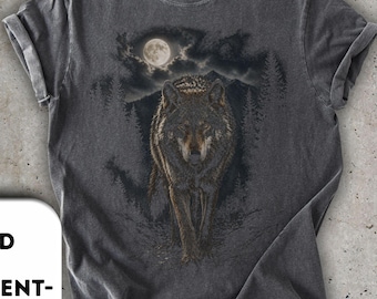 Comfort Colors 1717 Wolf Moon Wildlife Graphic Tee, Garment-Dyed Forest Night Shirt