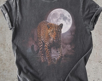 Vintage Leopard Moon Night T-shirt | Photo Realism Moonlit Big Cat Graphic Shirt