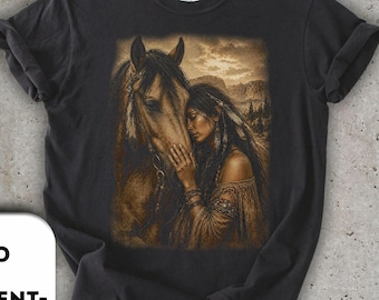 Moody Woman Horse Portrait Tee, Western Boho Graphic Shirt, Comfort Colors 1717