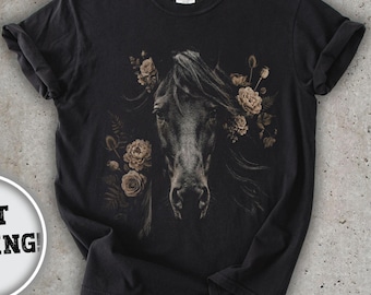 Comfort Colors 1717 Black Horse Floral Shirt, Dark Academia Equestrian Tee