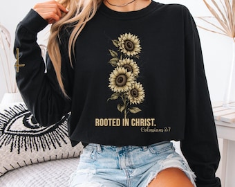 Vintage Tattoo Style Christian Sunflower Design, Rooted in Christ Floral Art