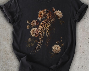Leopard Floral Graphic Tee, Moody Botanical Photo-Real Unisex Shirt