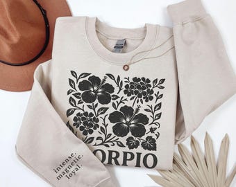 Scorpio Sweatshirt, The Femme Fatale, Botanical Scorpio Zodiac Crewneck, Astrology Gift, Gildan 18000