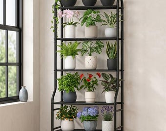5 Tier Metal Plant Stand Heavy Duty Vertical Holder Black Steel Shelf