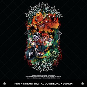 Könnte beinhalten: Digitale Illustration mit einem Teufel und zwei Figuren auf einem Motorrad, mit den Worten "BORN TO GET LOST" und "LOST". Das Bild hat einen dunklen Hintergrund und ein Zitat unten. Comic-Stil.
