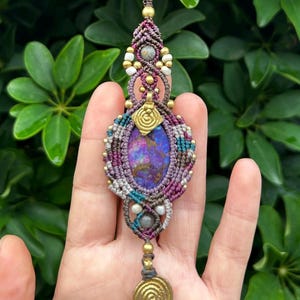 macrame hair wraps with stone and brass charms and beads