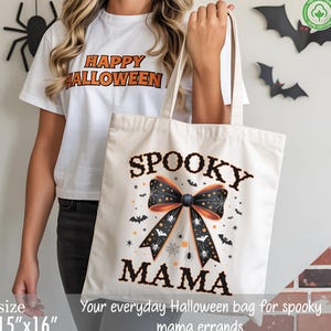 Spooky Mama Tote Bag, Halloween Mom Gift Tote, Coquette Ghost Bow Bag, Fall Trick or Treat Bag, Witchy Canvas Tote for Women