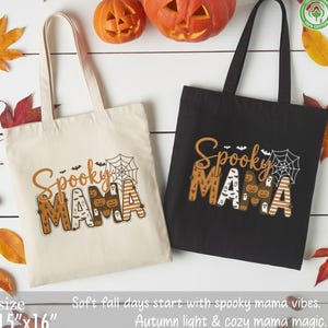 Spooky Mama Tote Bag, Halloween Tote for Moms, Cute Fall Canvas Bag, Pumpkin Mom Tote, Black Trick or Treat Bag, Mom Halloween Tote