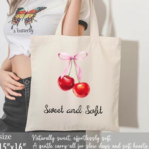 Cherry Bow Tote Bag, Coquette Aesthetic Canvas Tote, Retro Pink Ribbon Bag, Soft Girl Style Pastel Tote, Cute Vintage-Inspired Gift
