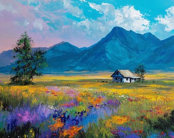 Vintage Alpine Meadow Painting, Rustic Cabin, Wildflower Field (Digital Download)