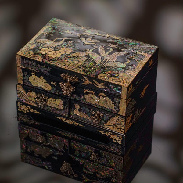 FEBMT Korean Mother of Pearl Jewelry Box with Drawers, Crane Jewelry Organizer, Black Jewelry Storage Case, Luxury Korean Keepsake Box