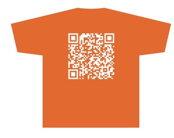 May include: Orange t-shirt with a white QR code printed on the back.