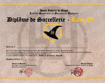 Diplôme de Sorcellerie - Rang Or (Diplôme magique imprimable)