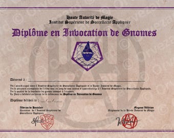 Diplôme en Invocation de Gnomes (Diplôme magique imprimable)