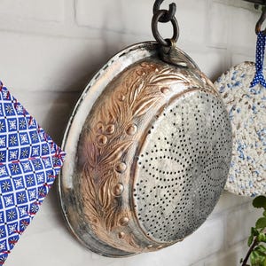 Copper Hammered Olive Branch Colander, Handmade Strainer, Farmhouse Kitchens, Sieve, Cottage, Vint. Vegetable Washer,Dia 28-30cm 11-11.80&quot;