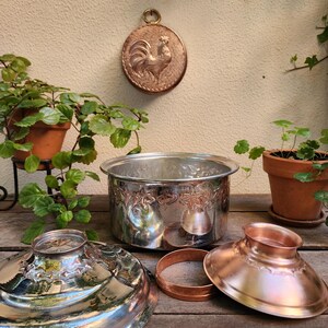 May include: A collection of copper and silver kitchenware, including a large pot with floral detailing, a lid, and a copper ring. A copper medallion with a rooster design hangs on the wall. Green plants in terracotta pots are also visible.
