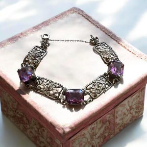 Victorian Sterling Silver Filigree Bracelet with Amethyst Stones - Art Deco Style