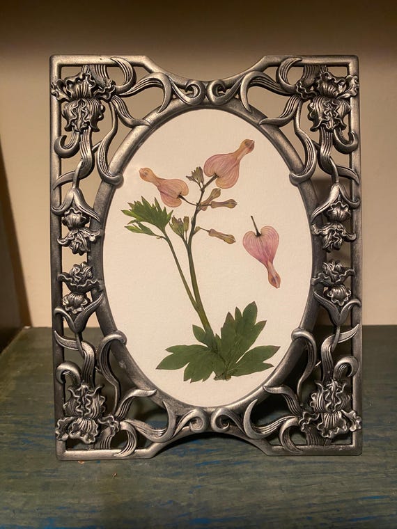 Ornate Pewter Framed Botanicals. Pressed Arranged by Hand, Dried Bleeding Heart Flowers. One-of-a-kind Valentine’s Day gift