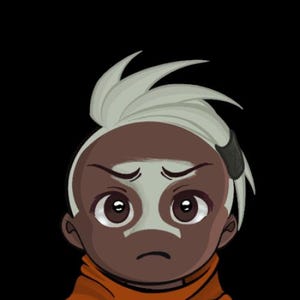 May include: A digital illustration of a person with brown skin, large brown eyes, and a neutral expression. The person has white hair styled in a spiky fashion and a white mask-like marking on their face. They are wearing an orange garment against a black background.