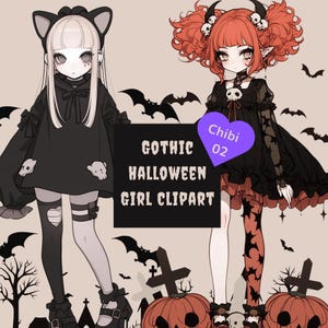 Clipart de Garota Chibi Gótica de Halloween 02 – 12 PNGs | Personagens Góticas Kawaii Fofas | Uso Comercial Aprovado