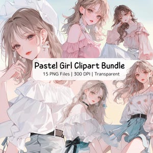 Pacote de Cliparts de Garotas Pastel – 15 PNGs Fofos | Ilustrações de Moda Estéticas Suaves | Uso Comercial Aceitável