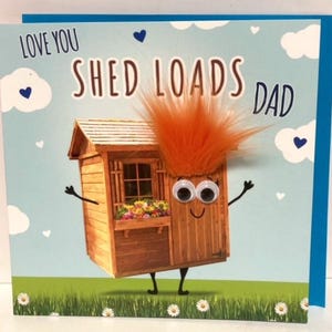 Grappige vaderdagkaart - "Love You Shed Loads Dad" kaart met googly eyes en fuzzy hair woordspeling voor papa - humoristische vaderdagkaart