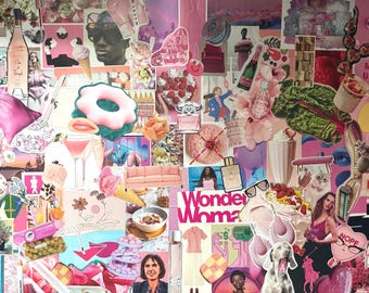 May include: A collage of pink and light pink images, including a bottle of wine, a donut, a sofa, and the words "Wonder Woma". Other elements include a cocktail, perfume bottles, and a dog.