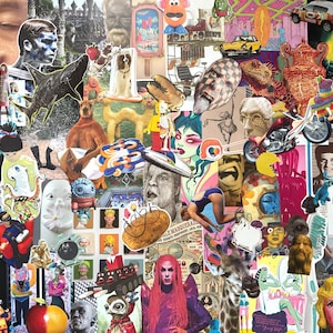May include: A vibrant collage featuring a diverse array of images, including faces, animals, and pop culture icons. The artwork incorporates cut-out figures, illustrations, and photographs, creating a visually complex and engaging composition. The color palette is bold and varied, with a mix of bright and muted tones.