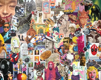 May include: A vibrant collage featuring a diverse array of images, including faces, animals, and pop culture icons. The artwork incorporates cut-out figures, illustrations, and photographs, creating a visually complex and engaging composition. The color palette is bold and varied, with a mix of bright and muted tones.