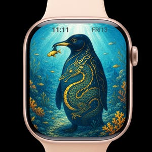 May include: A smartwatch with a gold case. The screen shows a blue and gold illustration of a penguin holding a fish. The penguin has a dragon design, with the time 11:11 and Fri 13 displayed on the screen.