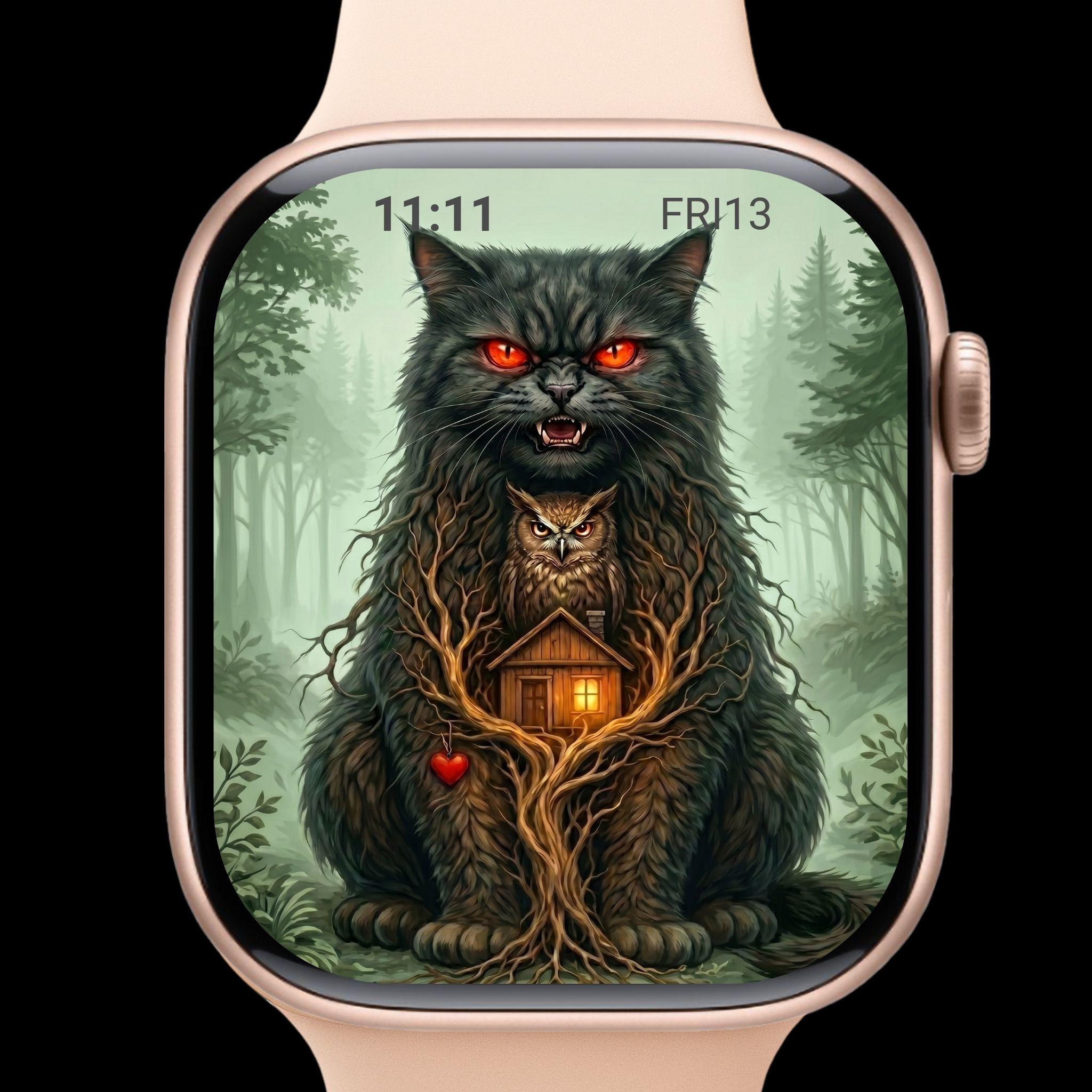 Dark Forest Cat Guardian with Owl Hidden Cabin Fantasy Wall Art, Gothic Black Cat Mystical Woodland 