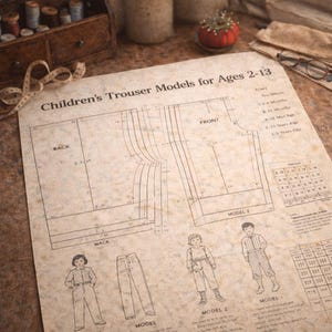 May include: A vintage-style sewing pattern for children's trousers, featuring detailed diagrams and illustrations. The pattern is labeled "Children's Trouser Models for Ages 2-13" and includes various model designs. Sewing notions and tools are in the background.