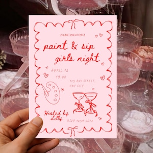 Paint and Sip Party Invitation | Girls Night Digital Invite | Editable Pink Paint Night Flyer | Wine & Paint Party Template