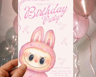 Invito di compleanno Labubu: festa per bambine con acquerello rosa (download digitale, PDF, modello Canva 5 x 7 pollici)