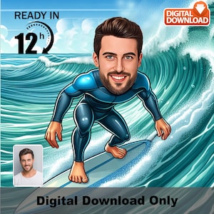 Portrait caricature de surfeur personnalisé : cadeau amusant pour les amateurs de plage (téléchargement numérique)