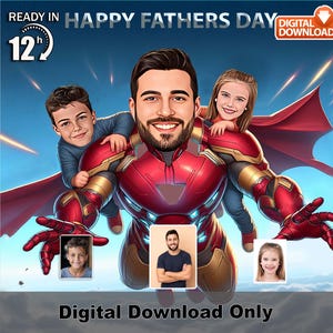 Caricatura personalizzata del padre supereroe, foto di cartoni animati con bambini, regalo personalizzato per la festa del papà, ritratto divertente del padre appassionato di sport estremi, parete personalizzata