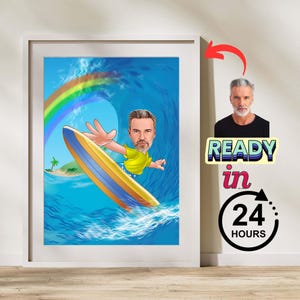 Cartoon Surfer Caricature Drawing, Cartoon from Photo, Custom Surfing Portrait Drawing, Digital Art, Bobblehead, Gift for Him