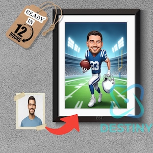 Custom Male Indianapolis Football Caricature, Drawing Football Player, from Photo Football Cartoon Portrait Funny Football Gift