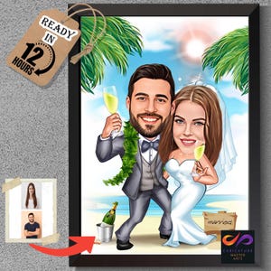 Caricatura de casamento – Desenho personalizado de noivos a partir de foto, presente de casamento exclusivo, casal engraçado, foto de desenho animado, casamento na praia