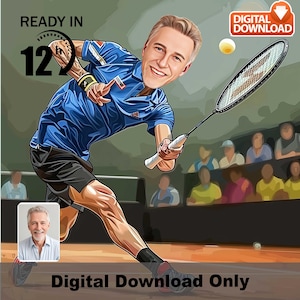 Caricatura personalizada de treinador de squash masculino – Retrato de esportes de raquete – Presente engraçado para treinadores e amantes de squash, foto engraçada de desenho animado de treinador,