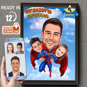 Personalized Superhero Dad and Kids Cartoon Portrait: Custom Caricature (Digital Download)