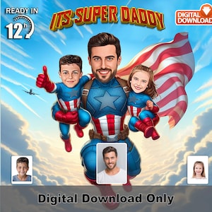 Benutzerdefinierte Superheld Vater Karikatur, Cartoon Foto mit Kindern, benutzerdefinierte Vatertagsgeschenk, lustiges Extremsport Vater Porträt, personalisierte Wand