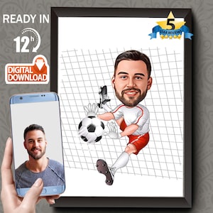 Caricatura de jugador de fútbol personalizada, dibujo de jugador de fútbol personalizado a partir de una foto, regalo divertido de caricatura de jugador de fútbol para él